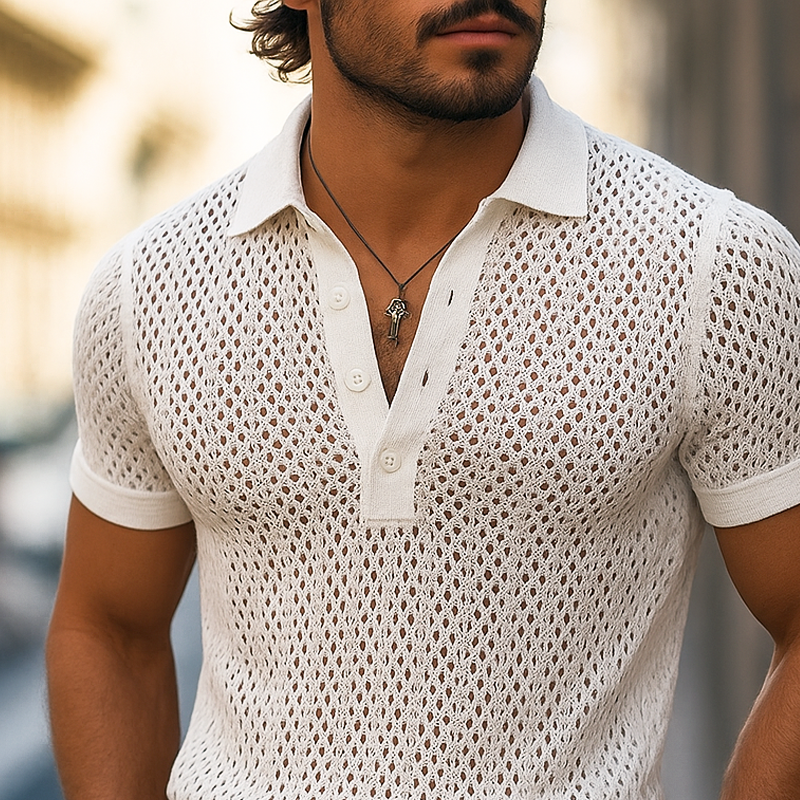 Men's Solid Hollow Out Plaid Knit Lapel Short Sleeve Polo Shirt MTA1865F2Z