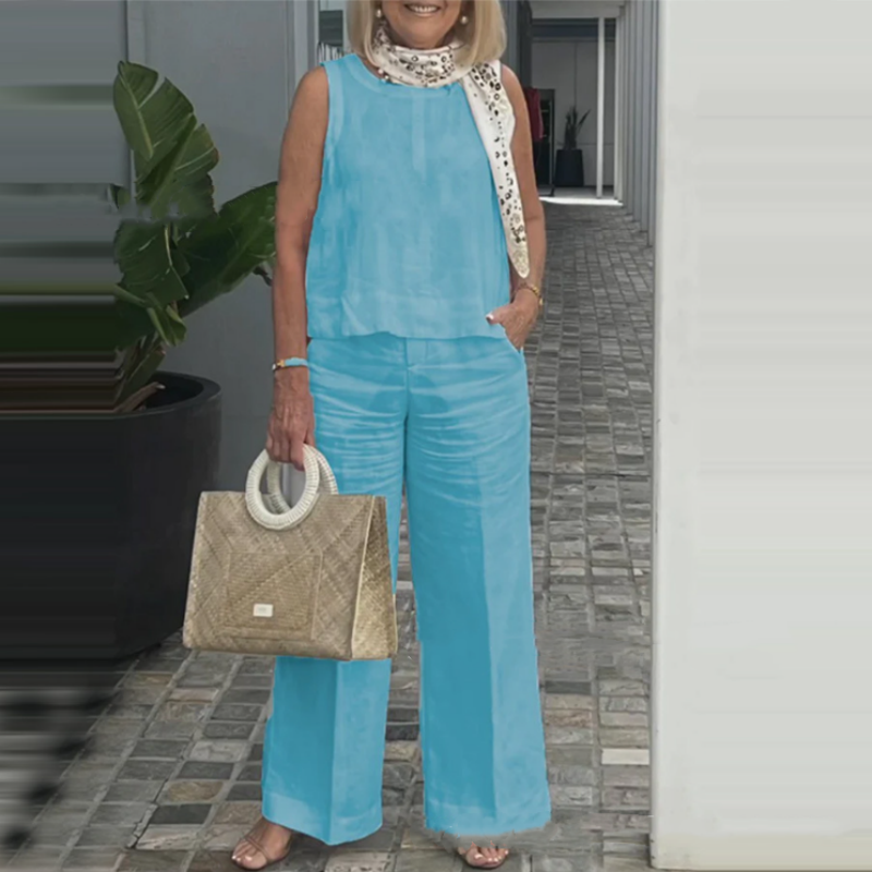 Women's Simple Breathable Suit - Round-Neck Sleeveless Top & Wide-Leg Pants
