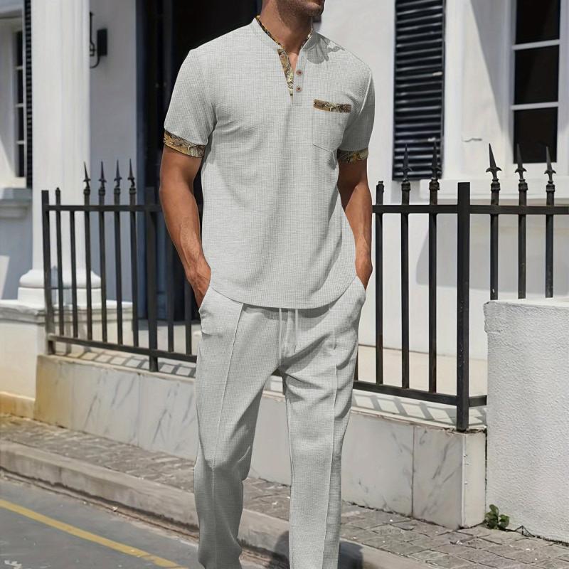 Men's Waffle Colorblock Short Sleeve T-Shirt and Pants Set 95966894Y