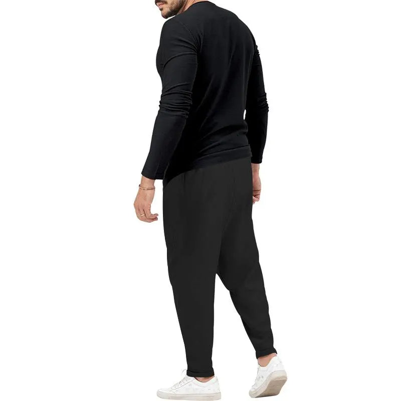 Men's Solid Color Casual Long Sleeve Henley T-Shirt Trouser Set 72706978X
